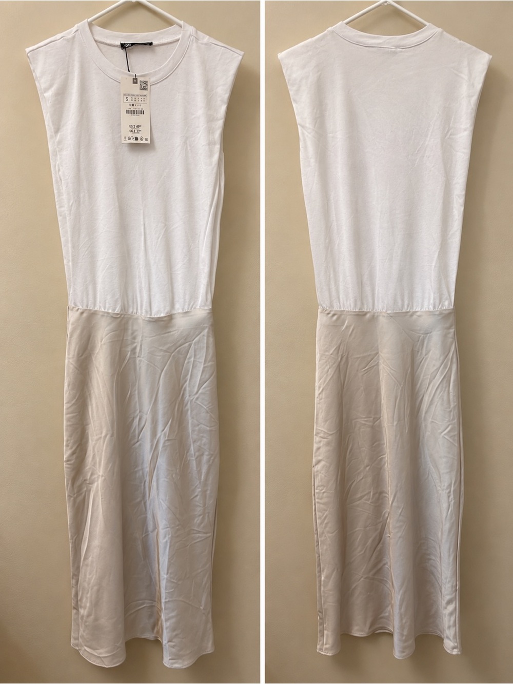 Zara White and Light Beige Sleeveless Two-Tone Midi Dress